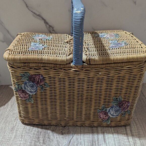 Vintage Wicker Sewing craft  Basket With Floral Painted Lid & Blue Handle - Picture 1 of 12